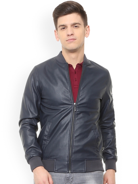 V Dot Men Navy Blue Solid Bomber Jacket