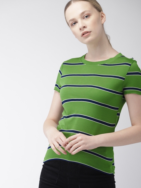 FOREVER 21 Women Green Striped T-shirt