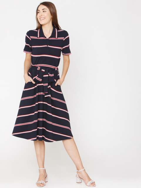 Vero Moda Women Navy Blue Striped Fit and Flare Dress
