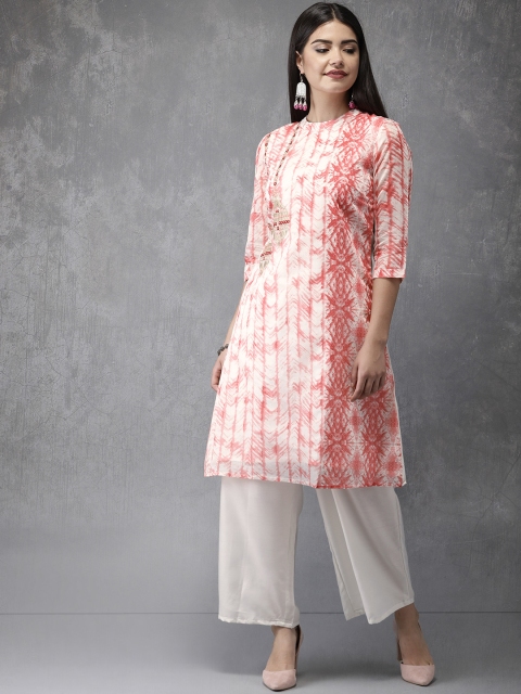 Anouk Women White & Coral Pink Printed Kurta with Palazzos