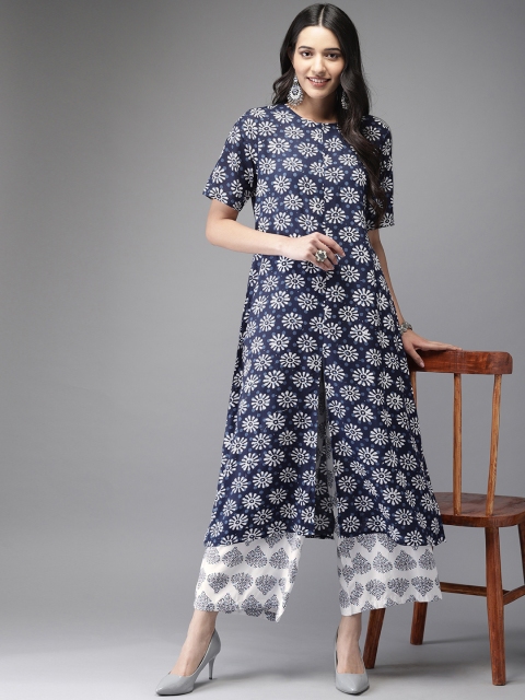 Anouk Women Navy Blue & White Printed Kurta with Palazzos