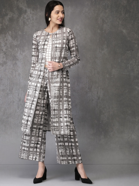Anouk Women Grey & Off-White Top with Ethnic Jacket & Cropped Palazzos