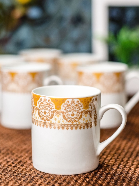 SONAKI White & Yellow 6-Pieces Printed Bone China Cups Set
