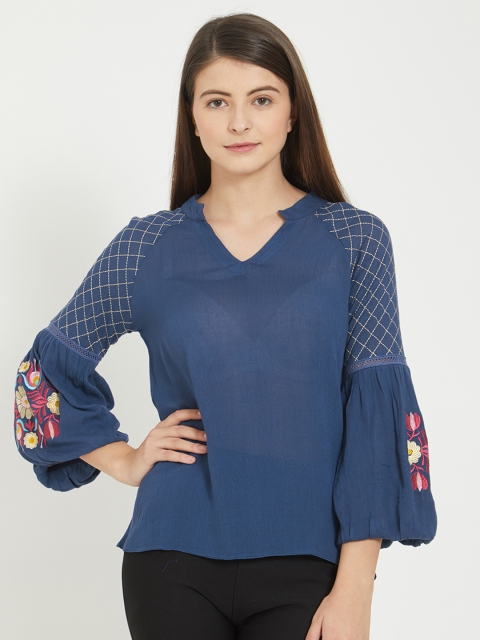 Soie Women Blue Self Design Top