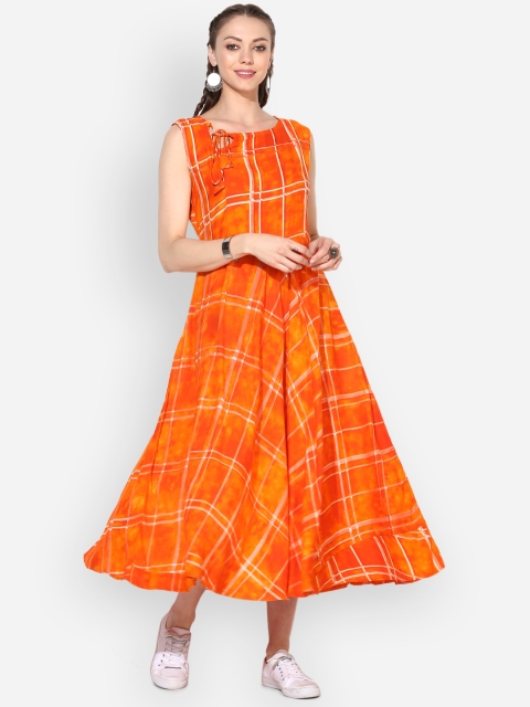 Myshka Women Orange Checked Maxi Dress