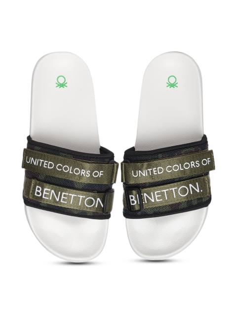United Colors of Benetton Men Olive Green & White Printed Sliders