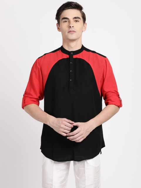Svanik Men Black & Red Colourblocked Straight Kurta