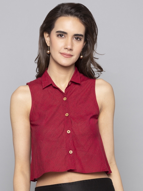 Desi Weavess Women Red Solid Shirt Style Top