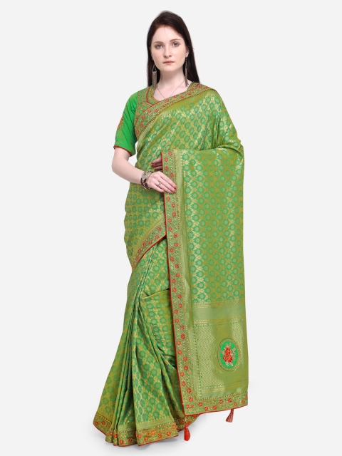 Indian Women Green Pure Silk Embroidered Banarasi Saree