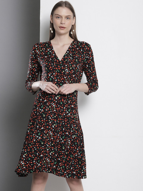 DOROTHY PERKINS Women Black & Orange Printed A-Line Dress 
DOROTHY PERKINS Women Black & Orange Printed A-Line Dress