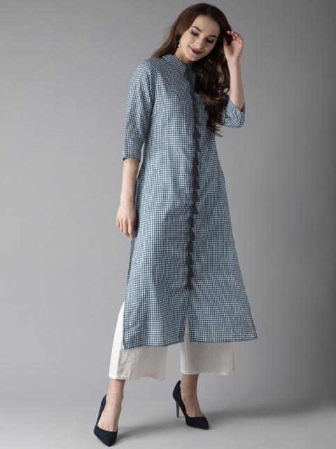 HERE&NOW Women Navy Blue & White Checked Straight Kurta