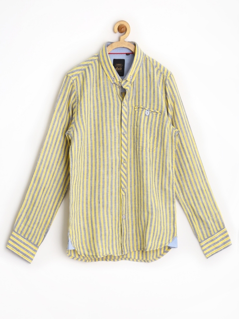 Gini & Jony Gold Boys Yellow & Grey Striped Slim Linen Shirt