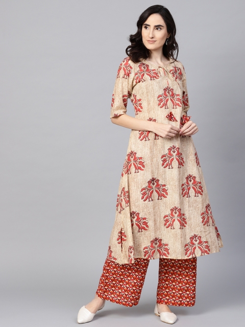 ZOEYAMS Women Beige & Maroon Printed Kurta with Palazzos