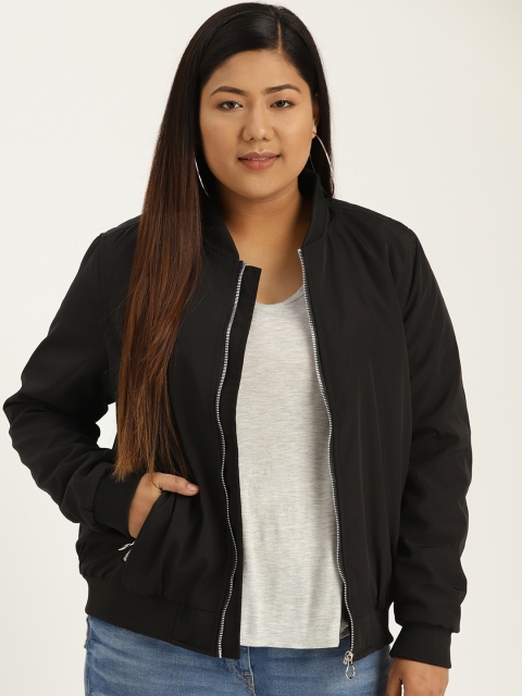 Sztori Plus Size Women Black Solid Bomber Jacket