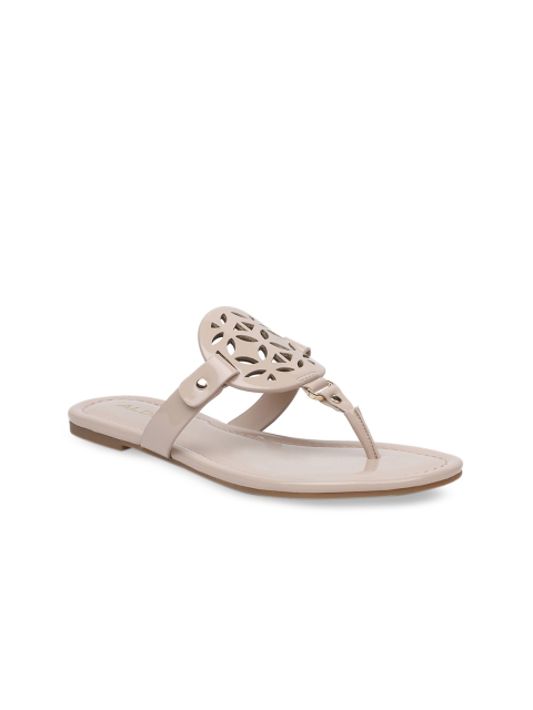 ALDO Women Beige Solid Leather T-Strap Flats