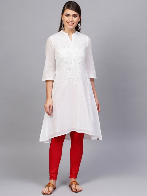 Biba Women White Yoke Design Chikankari A-Line Kurta
