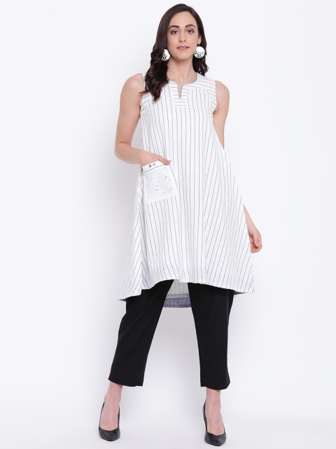 Biba Women White & Navy Blue Striped A-Line Kurta