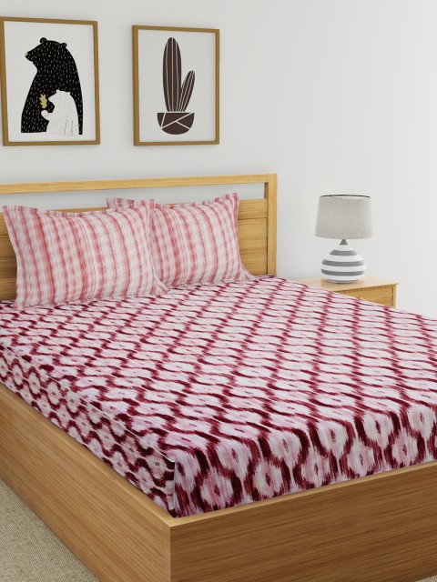 EverHOME Red Geometric 144 TC Cotton 1 Queen Bedsheet with 2 Pillow Covers