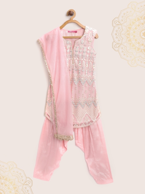 Biba Girls Pink Embroidered Kurta with Salwar & Dupatta