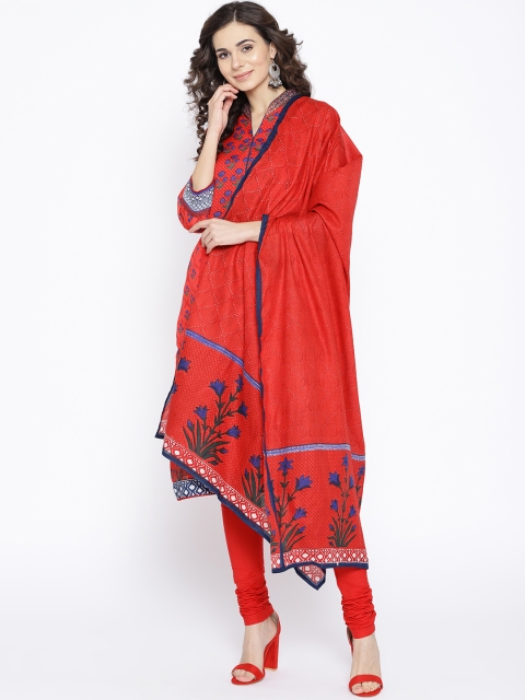 Biba Women Red & Blue Printed Kurta with Churidar & Dupatta