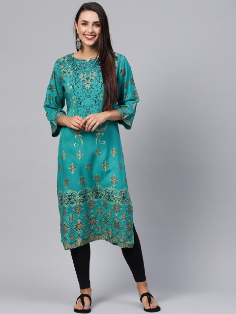 Shree Women Teal Green & Golden Printed Straight Kurta