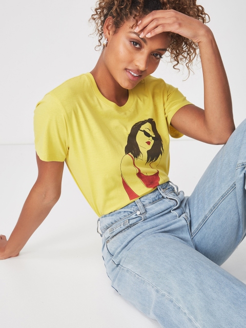 COTTON ON Women Yellow Printed Round Neck T-shirt