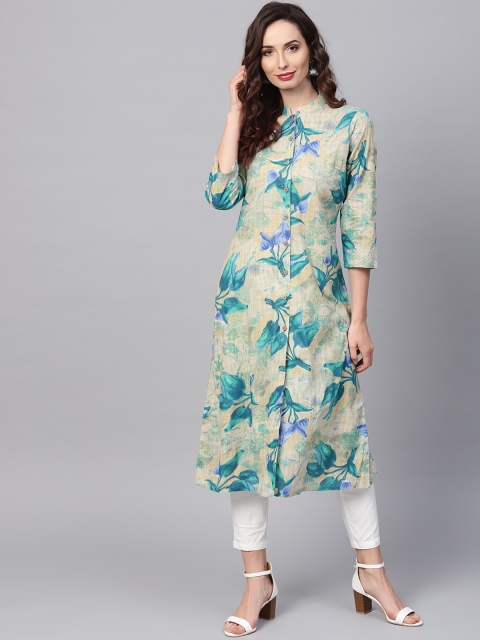 SOJANYA Women Blue & Beige Printed Kurta with Trousers