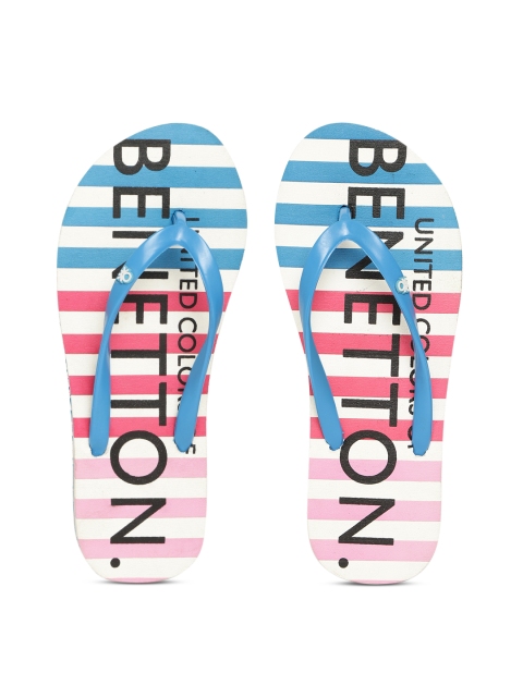 United Colors of Benetton Women Blue & Pink Striped Thong Flip-Flops