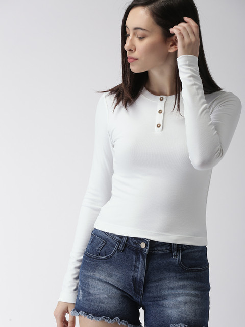 FOREVER 21 Women White Solid Henley Neck T-shirt 
FOREVER 21 Women White Solid Henley Neck T-shirt