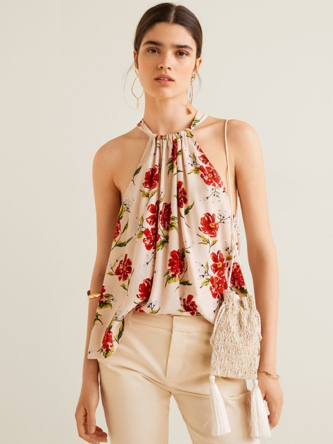 MANGO Women Beige Floral Print Styled Back Top