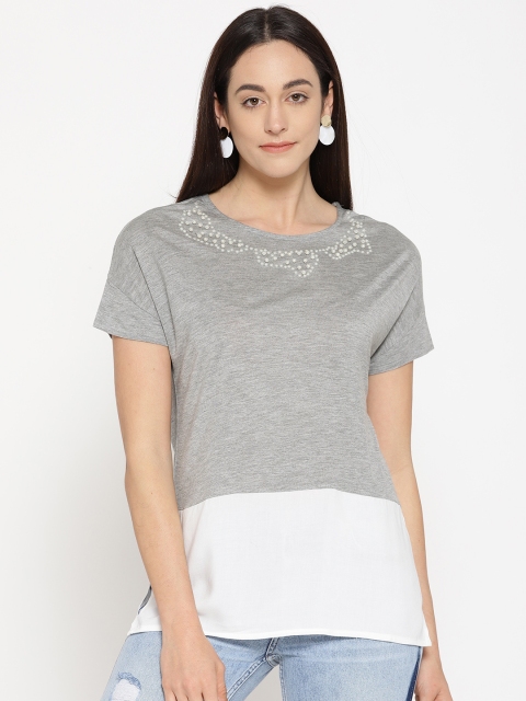 OVS Women Grey & White Colourblocked Top