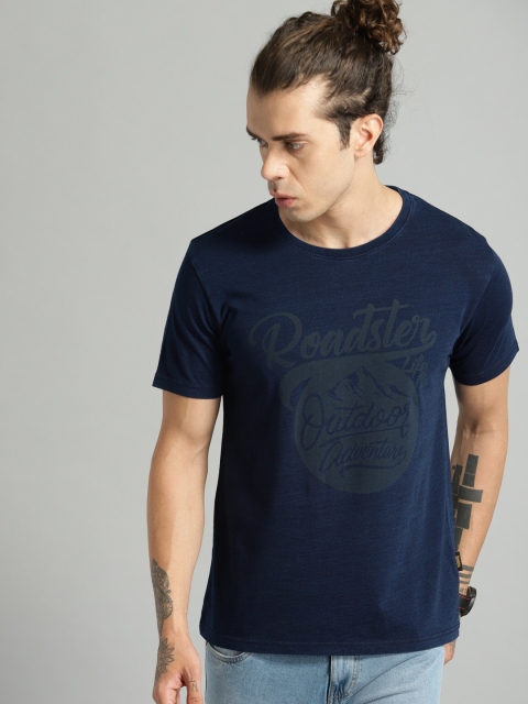 Roadster Men Navy Printed Round Neck T-shirt, Navy blue