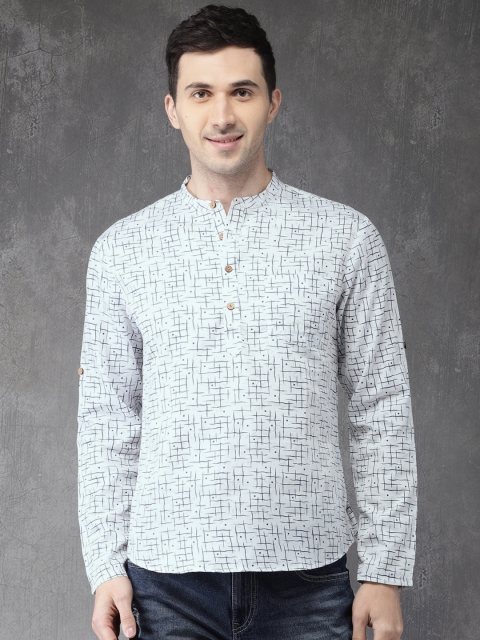 Anouk Men White & Blue Printed Straight Kurta