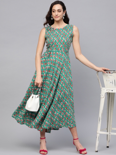 Myshka Women Green Printed Maxi Dress