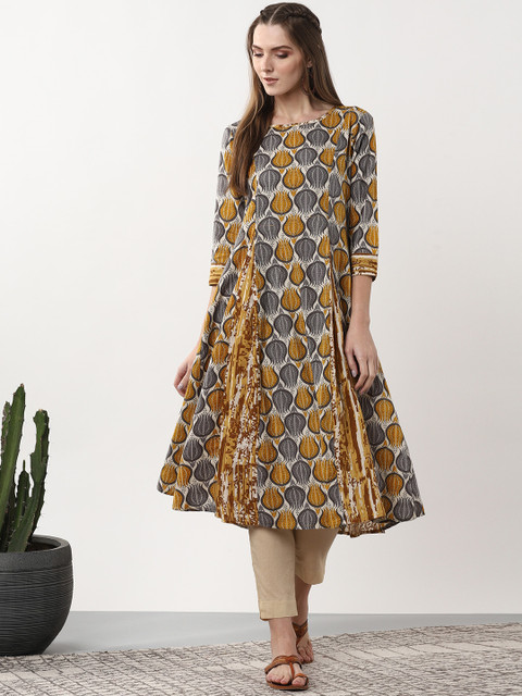 Sangria Women Off-White & Mustard Yellow Printed A-Line Kurta 
Sangria Women Off-White & Mustard Yellow Printed A-Line Kurta