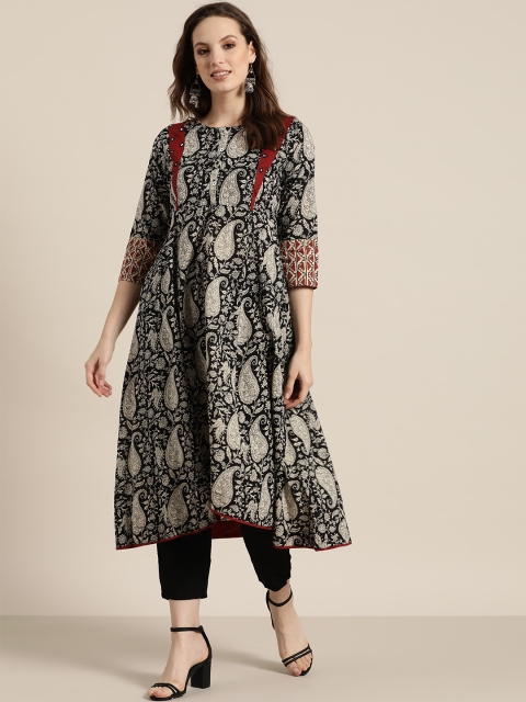Sangria Women Black & Beige Printed Empire A-Line Kurta