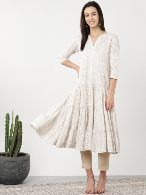 Sangria Women White & Golden Printed A-Line Kurta