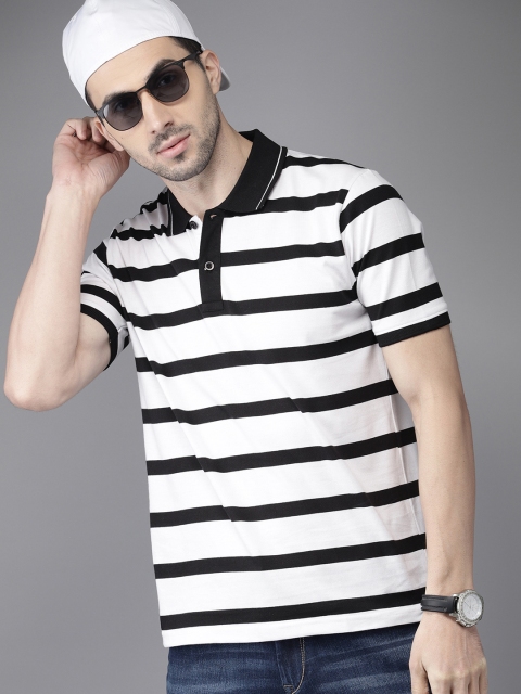 HERE&NOW Men White & Black Striped Polo Collar T-shirt