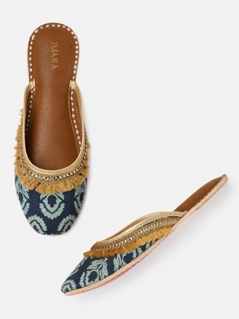 IMARA Women Blue Printed & Embellished Mojaris