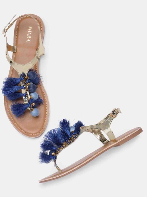 IMARA Women Gold-Toned & Blue Tasselled T-Strap Flats