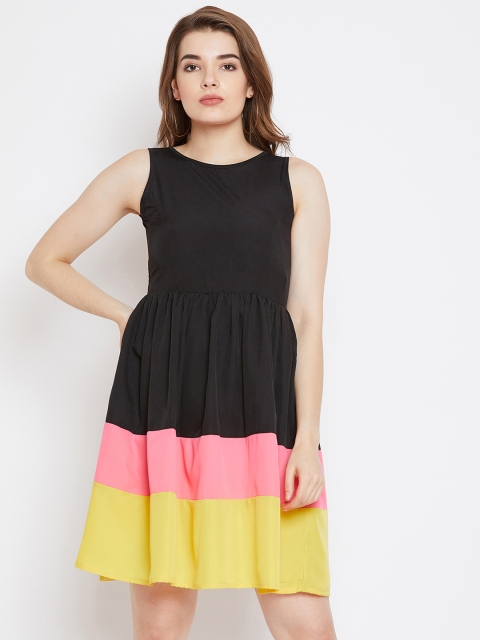 CHROME & CORAL Women Black Colourblocked Fit and Flare Dress