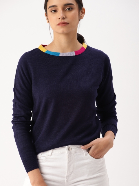DressBerry Women Navy Blue Solid Sweater