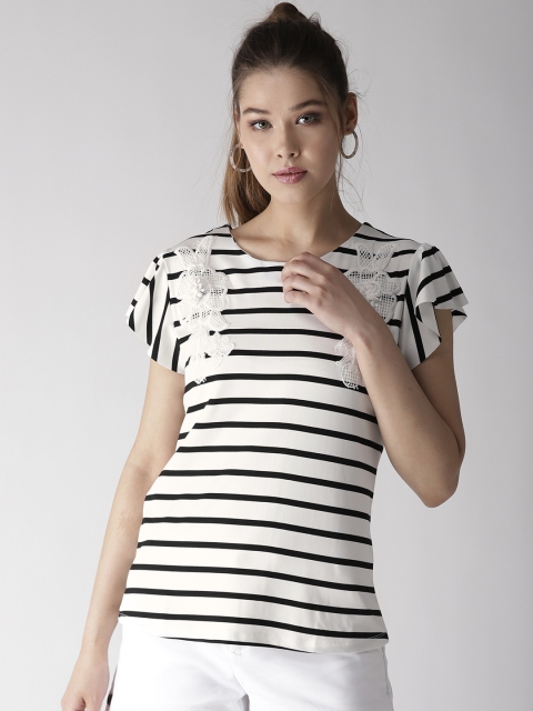Madame Women White & Black Striped Styled Back Top