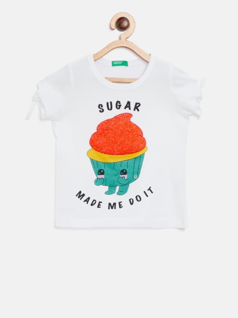United Colors of Benetton Girls White Printed Pure Cotton Top