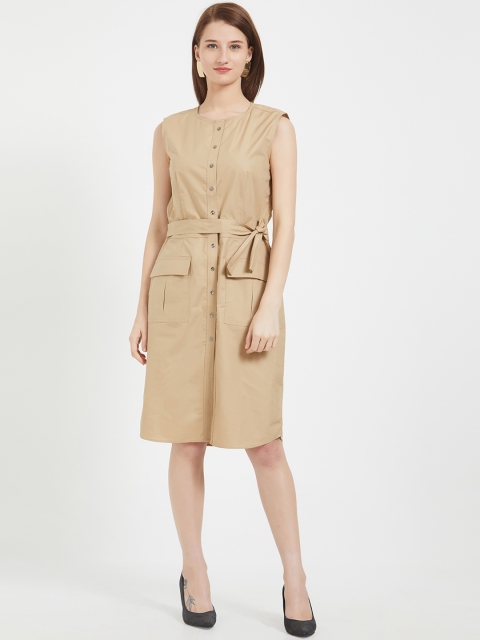 109F Women Beige Solid Shirt Dress