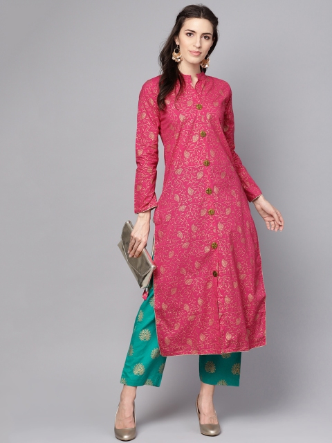 Nayo Women Pink & Green Printed Kurta with Palazzos, Fuchsia