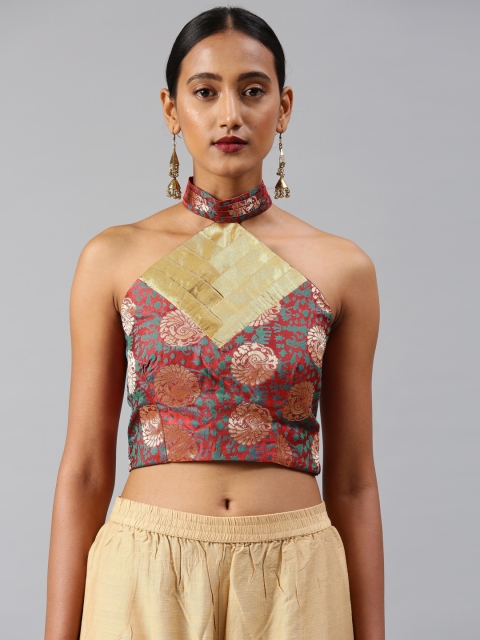 Aarrah Women Multicolored Woven Printed Jacquard Saree Blouse, Multi
