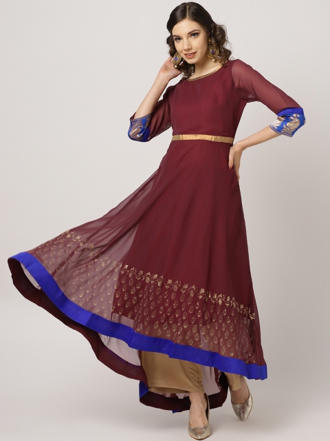 MBE Women Maroon Block Print Detail Anarkali Kurta