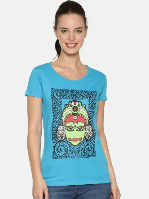 Tantra Women Blue Printed Round Neck T-shirt