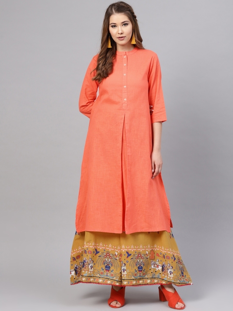 Juniper Women Coral Orange Woven Design Straight Kurta